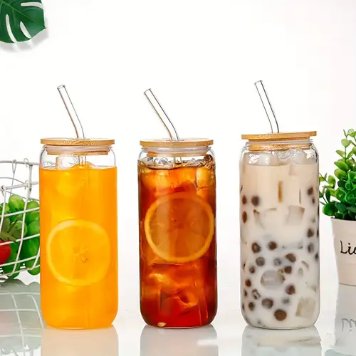 Drinking Glass with Bamboo Lids and Glass Straws, 18.6 oz Can Shaped Glass  Cups , Glass Beer Can Cups with Lids for Iced Coffee, Soda, Whiskey, Bubble