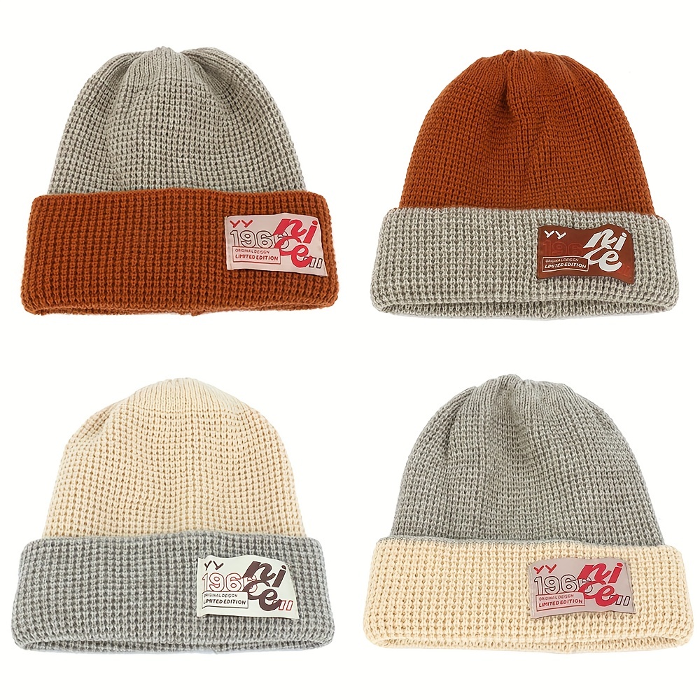 Trendy Unisex Reversible Knitted Beanie Classic Label Patch Knit