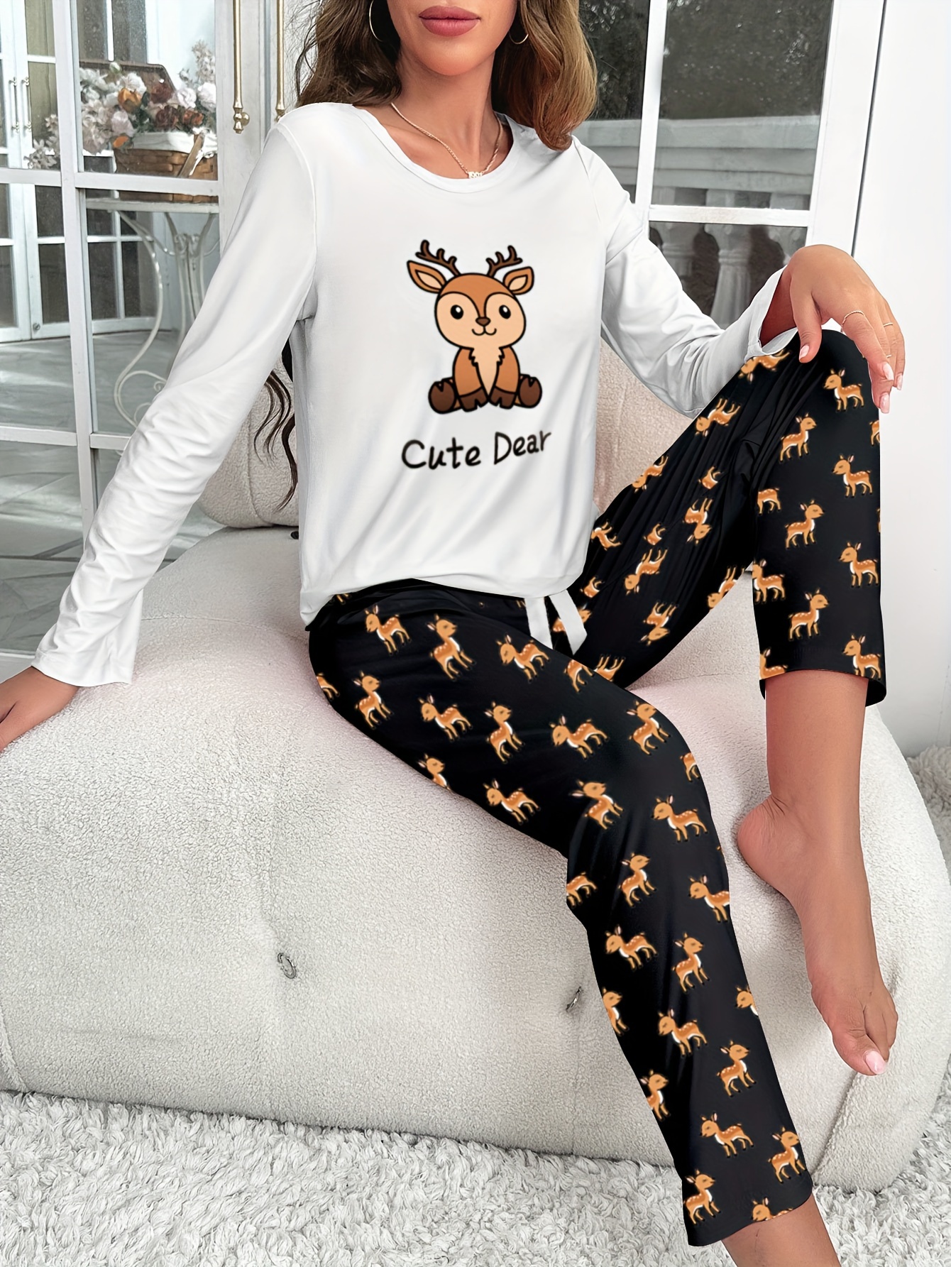 Cartoon Deer Print Pajama Set Long Sleeve Crew Neck Top - Temu