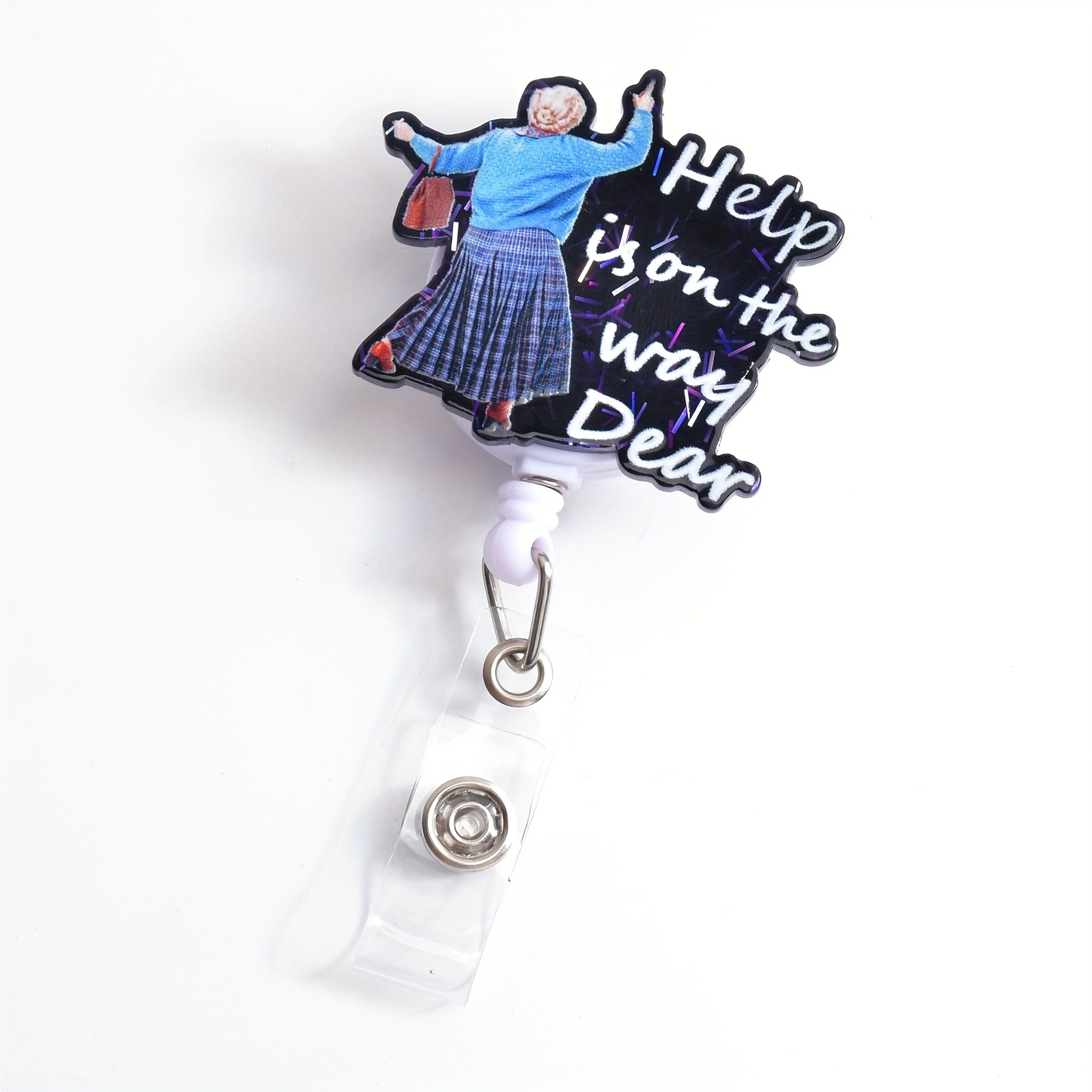 1pc Help Is On The Way Badge Reel With Clip Cute Acrylic Badge Clip, Funny  ID Card Badge Holder, Black Retractable For Nurses Office Teacher