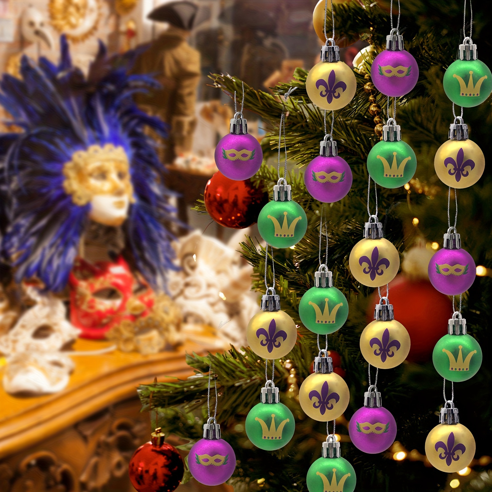 15pcs 3cm/1.18 Inch Mardi Gras Ball Ornaments Mardi Gras Hanging Ornaments  Queens Of Christmas Set Green Golden Purple Assorted Ball Ornament For Mard