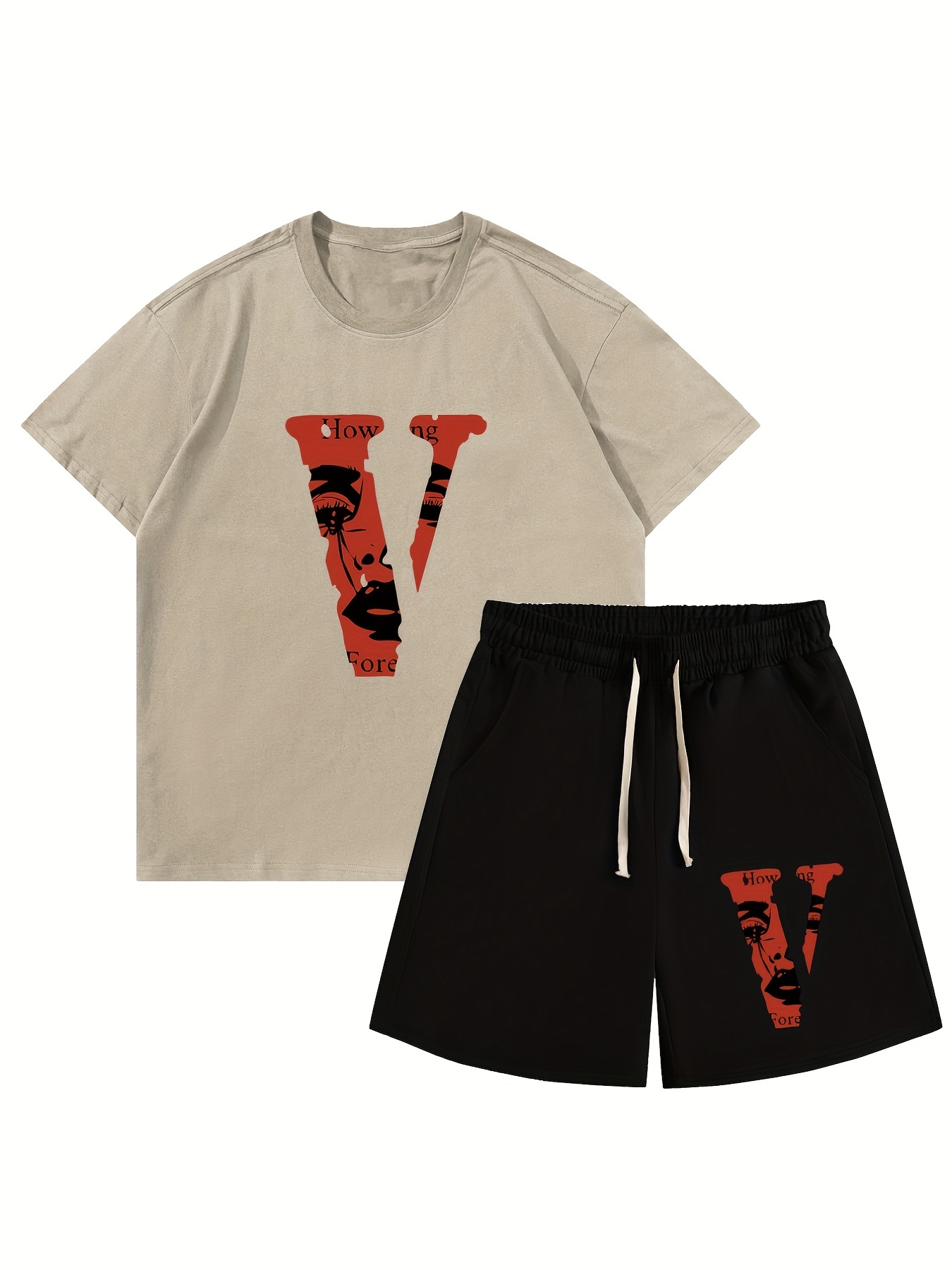 Casual Two-piece Set, Men's Creative Letter V Print T-shirt & Drawstring  Shorts Matching Set For Summer - Temu