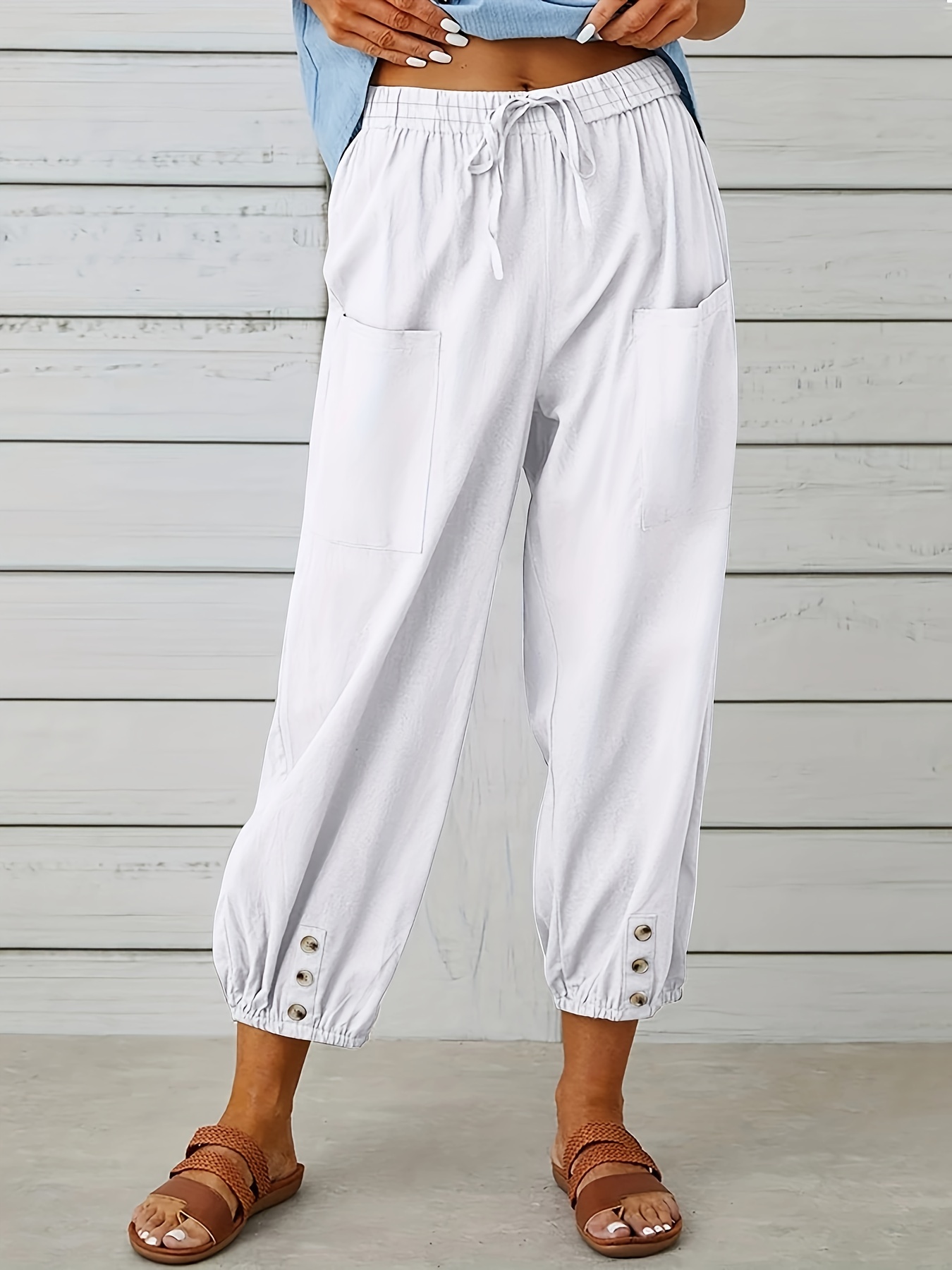 Women Casual Summer Wide Leg Capris Pants Loose Comfy Drawstring