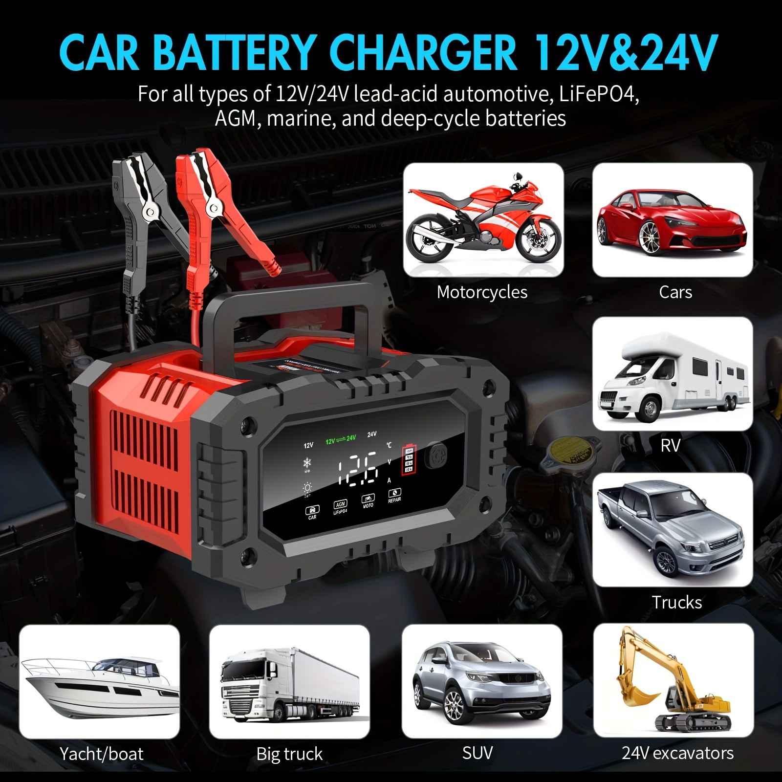 20-Amp Car Battery Charger, 12V and 24V Smart Fully Automatic Battery  Charger Maintainer Trickle Charger w/Temperature Compensation for Car Truck  Lawn