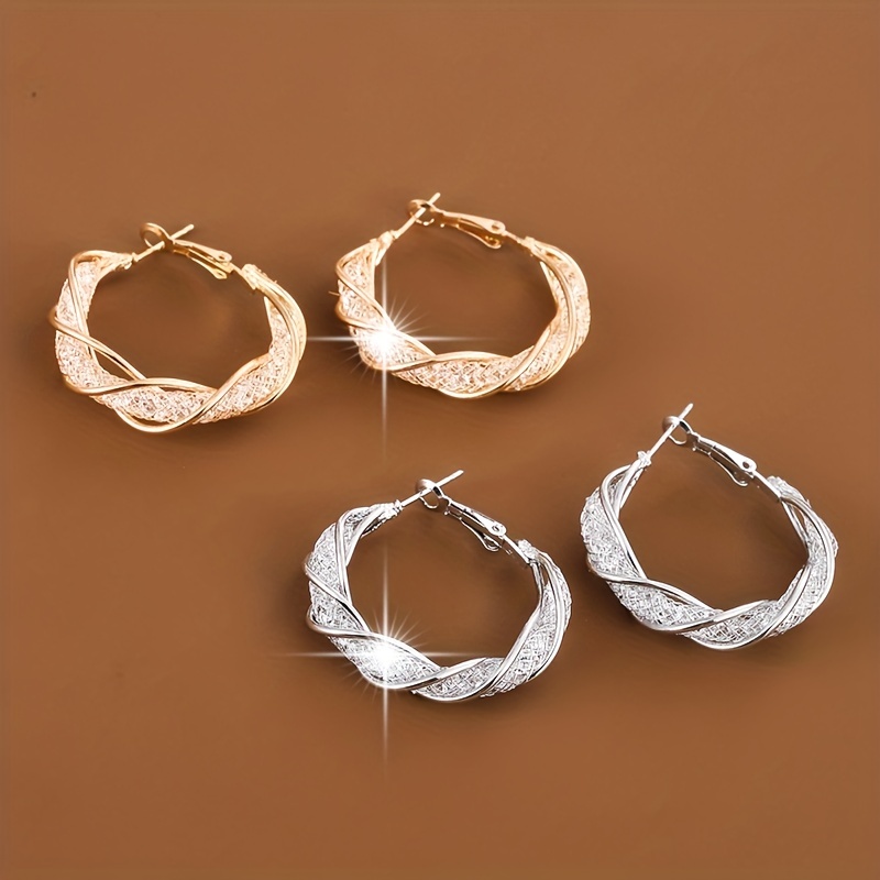 

Golden/ Silvery Mesh Pattern Shiny Zircon Decor Hoop Earrings Elegant Simple Style Delicate Female Gift