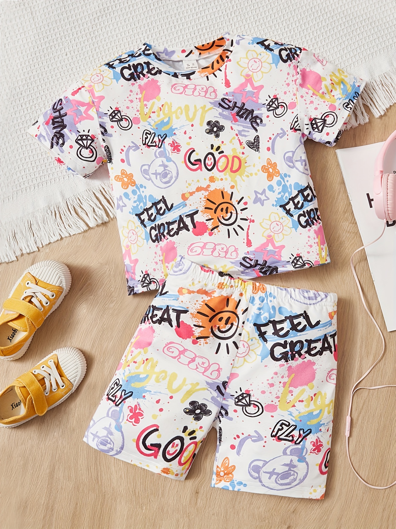 Cute Graffiti Print Shorts Suit Girls Short Sleeve T Shirt Temu Australia