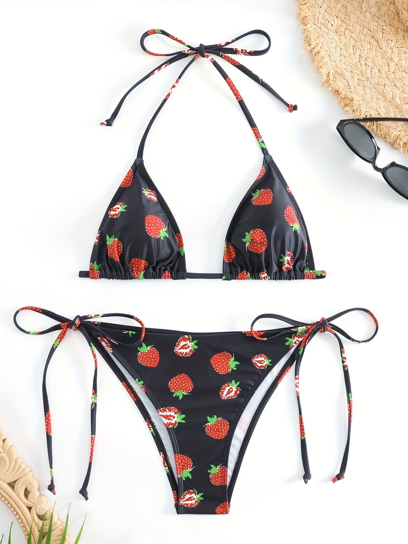 Strawberry Print Contrast Trim Triangle Bikini Halter Ring - Temu New  Zealand