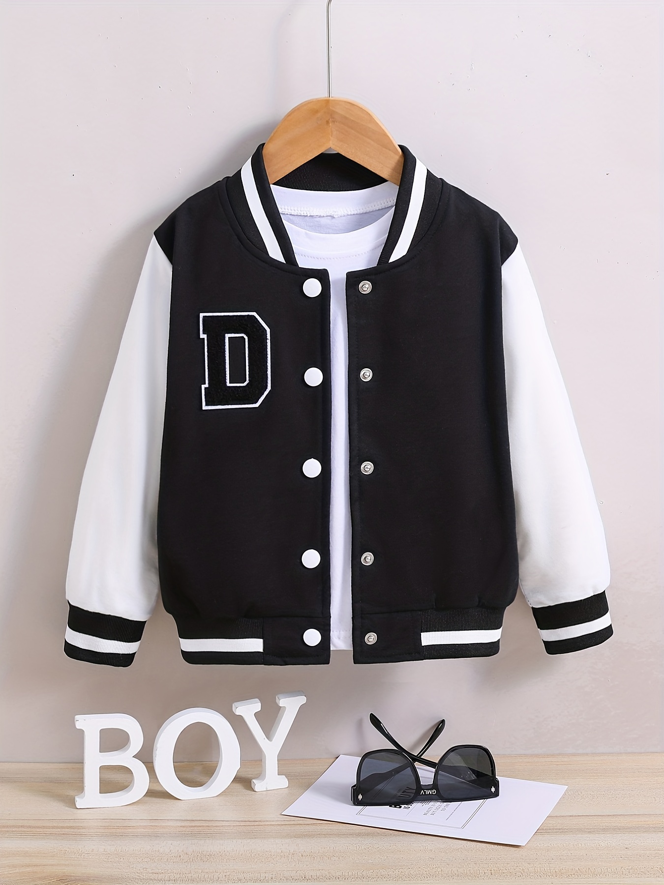 100% Mama's Mini Print Varsity Jacket For Kids, Preppy Style Bomber Jacket,  Button Front Long Sleeve Coat, Boy's Clothes For Spring Fall Outdoor - Temu