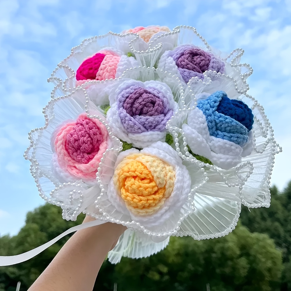 

1pc Artificial Knitted Flower, Hand Woven Roses Handmade Flower Knitting Crochet Bouquet, Rose Handmade Crochet Flowers Gifts For Wedding, Table Decoration, New Year, Valentine's Day