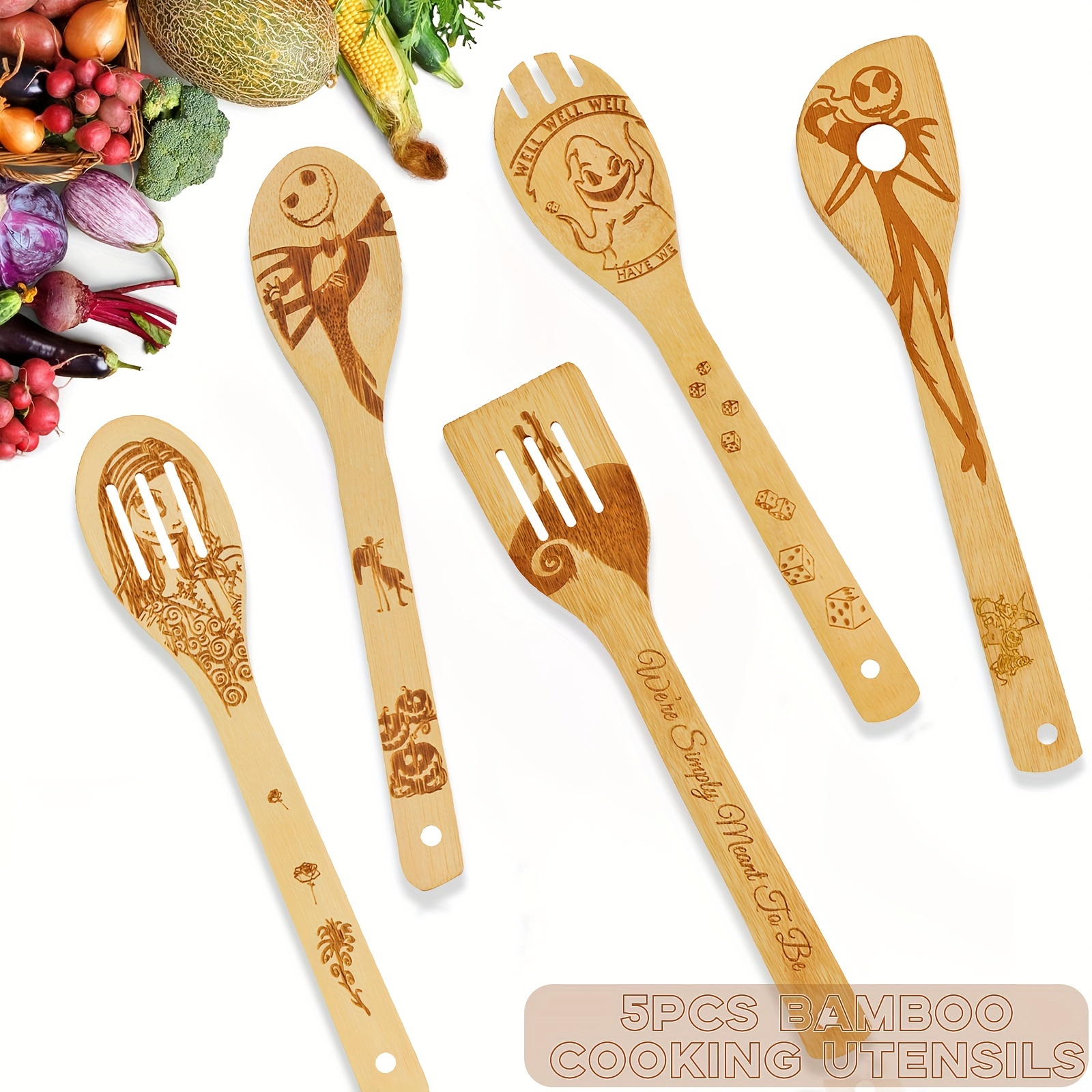 5pcs, Bamboo Ladles, Wooden Spoons Utensils, Bamboo Cooking Utensils Carve  Burned Wooden Spoon, Slotted Spatulas, Funny Kitchen Gadgets Non-stick