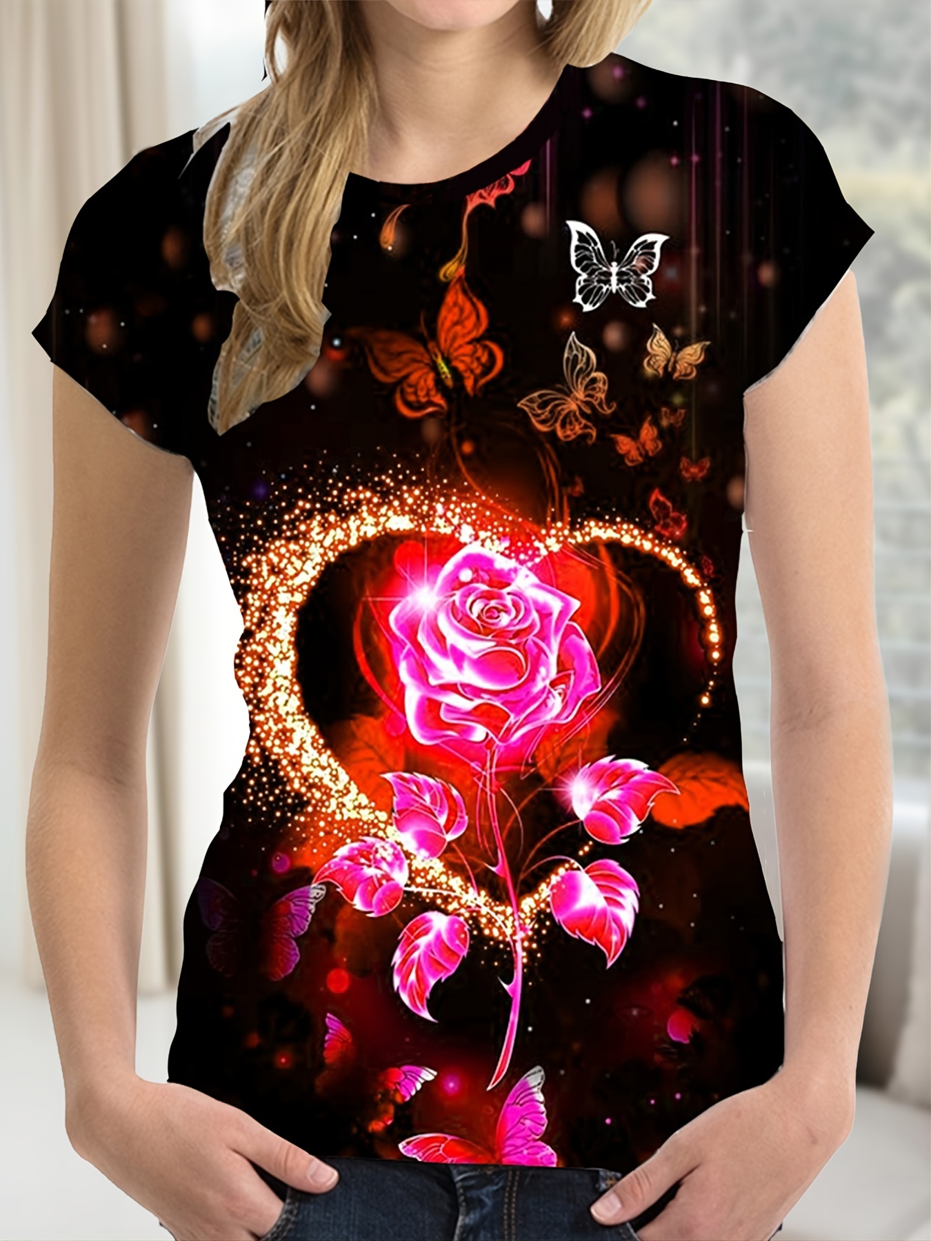 Camisetas para mujer, con estampado gráfico floral de mariposas, cuello  redondo, manga corta, camisetas de verano (color 1-naranja, talla: L)