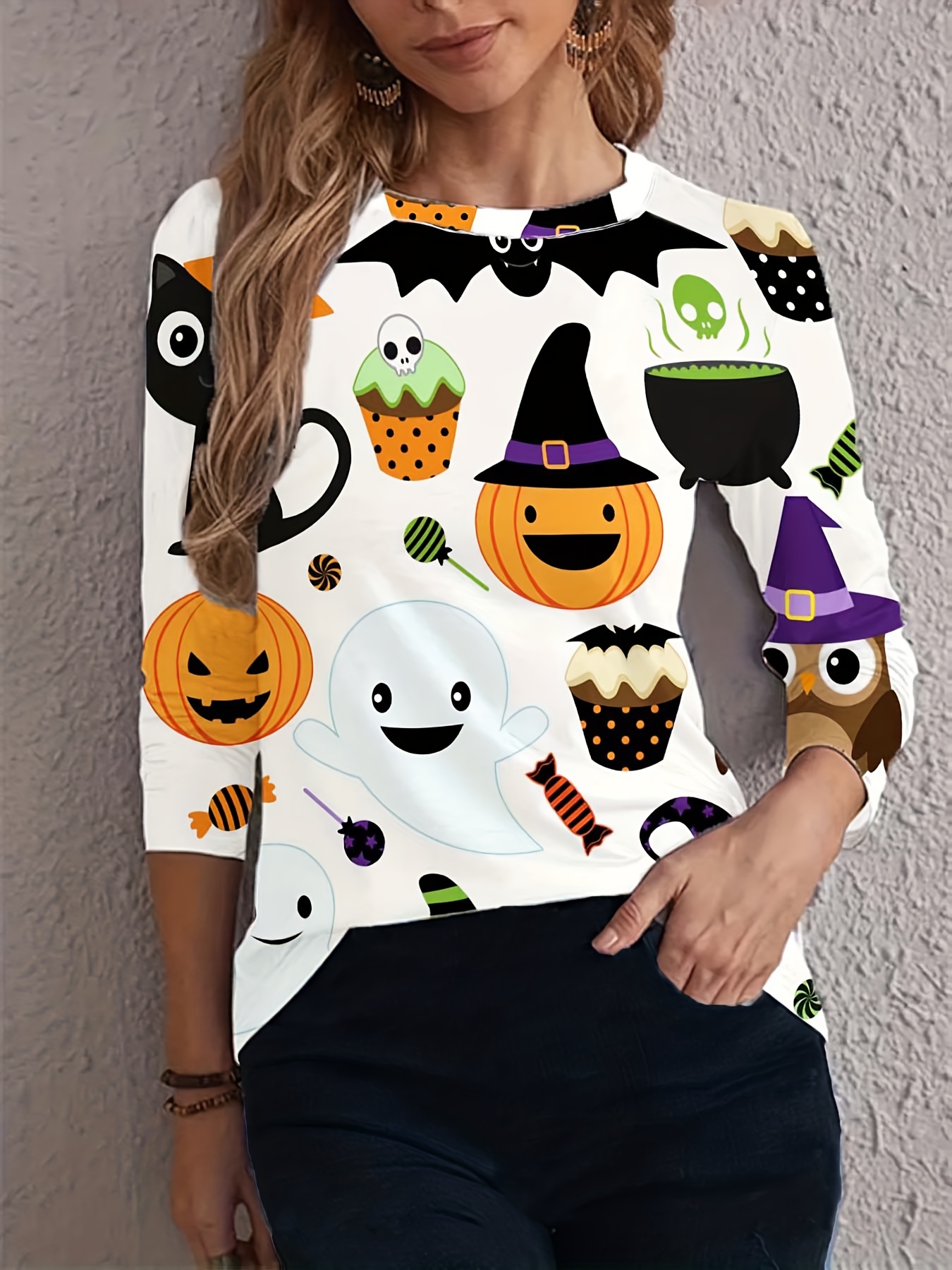 Plus Size Halloween Sweatshirt Women's Plus Cartoon Pumpkin - Temu