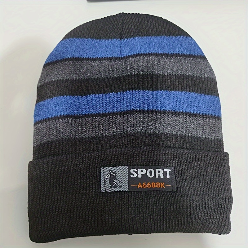 Winter Striped Warm Fleece Lined Knitted Beanie Hat for Men