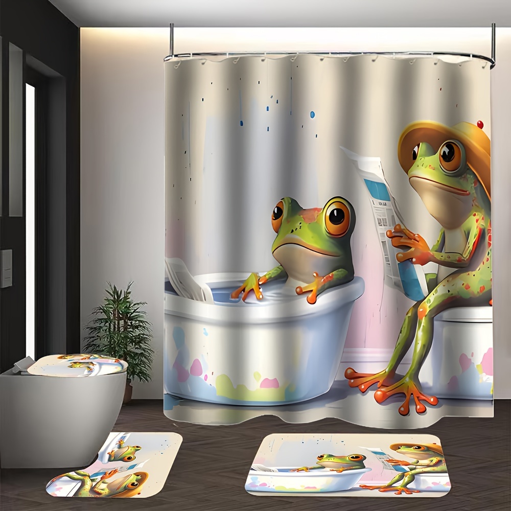 4pcs Bathing Frog Printed Shower Curtain Set, Waterproof Shower Curtain  With 12 Hooks, Non-Slip Bathroom Rug, Toilet U-Shape Mat, Toilet Lid Cover  Pad