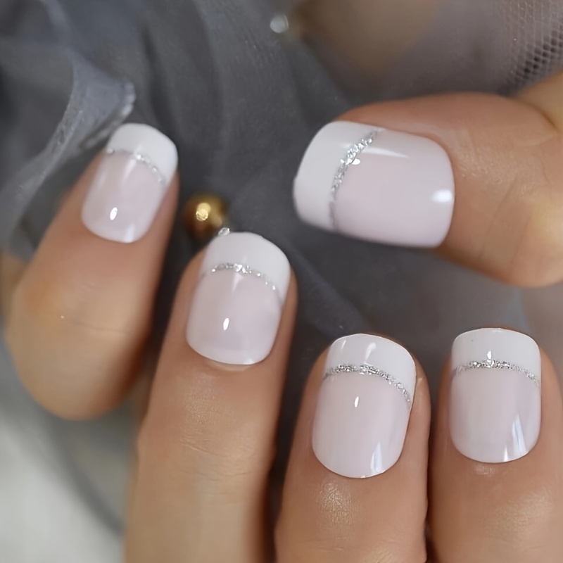 24pcs/box Short Square-oval Light White Press-on False Nails With Silvery Lines On The Edges