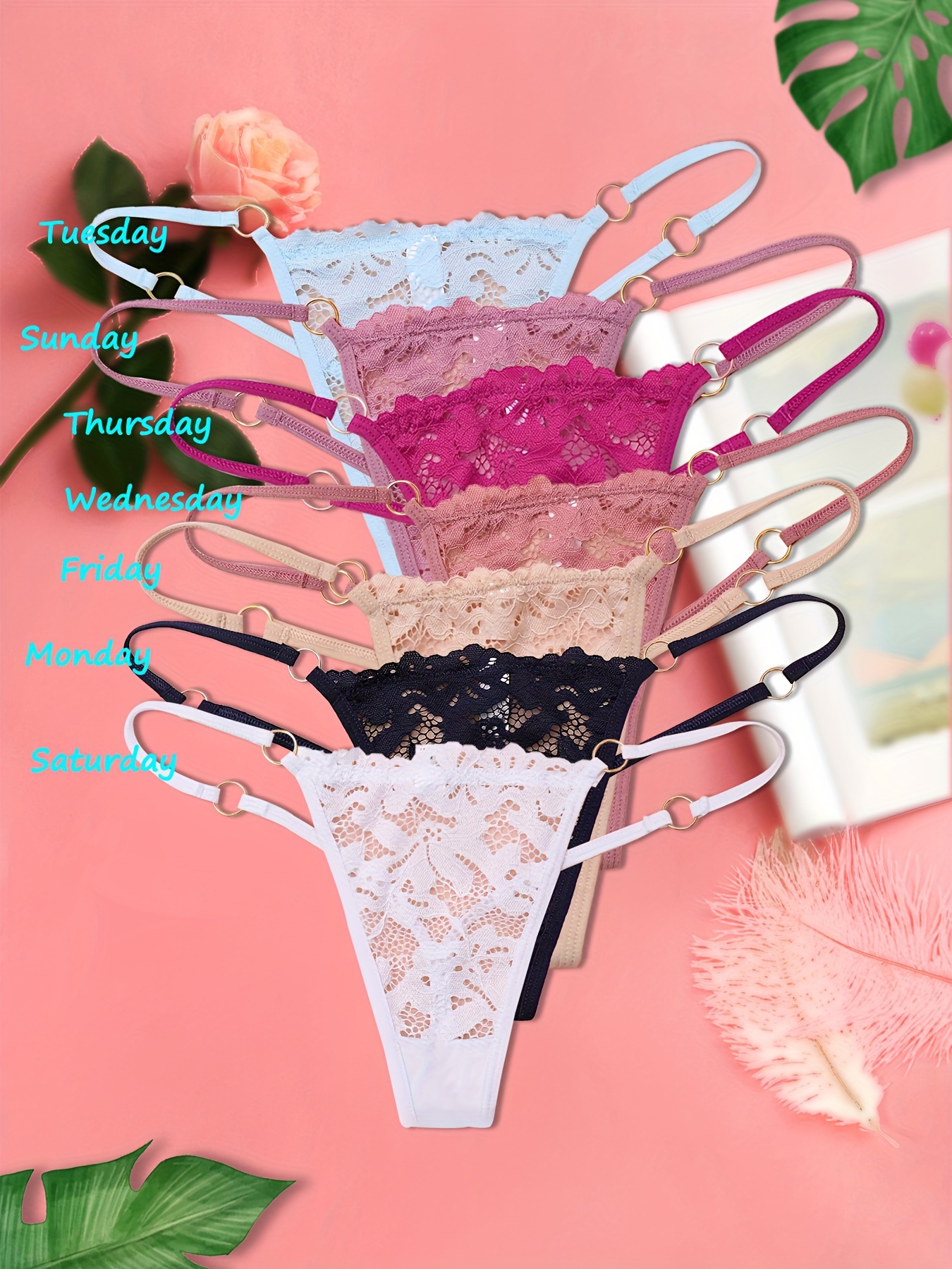 7 Pcs Sexy Days Of The Week Underpants Colorful Lace Thongs, Solid Color V  String Ring Semi-Sheer Lace Thongs, Women's Lingerie & Underwear