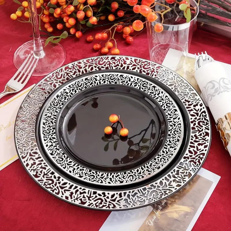 Heavy Duty Black Plastic Plates With Silvery Lace Design 15 - Temu
