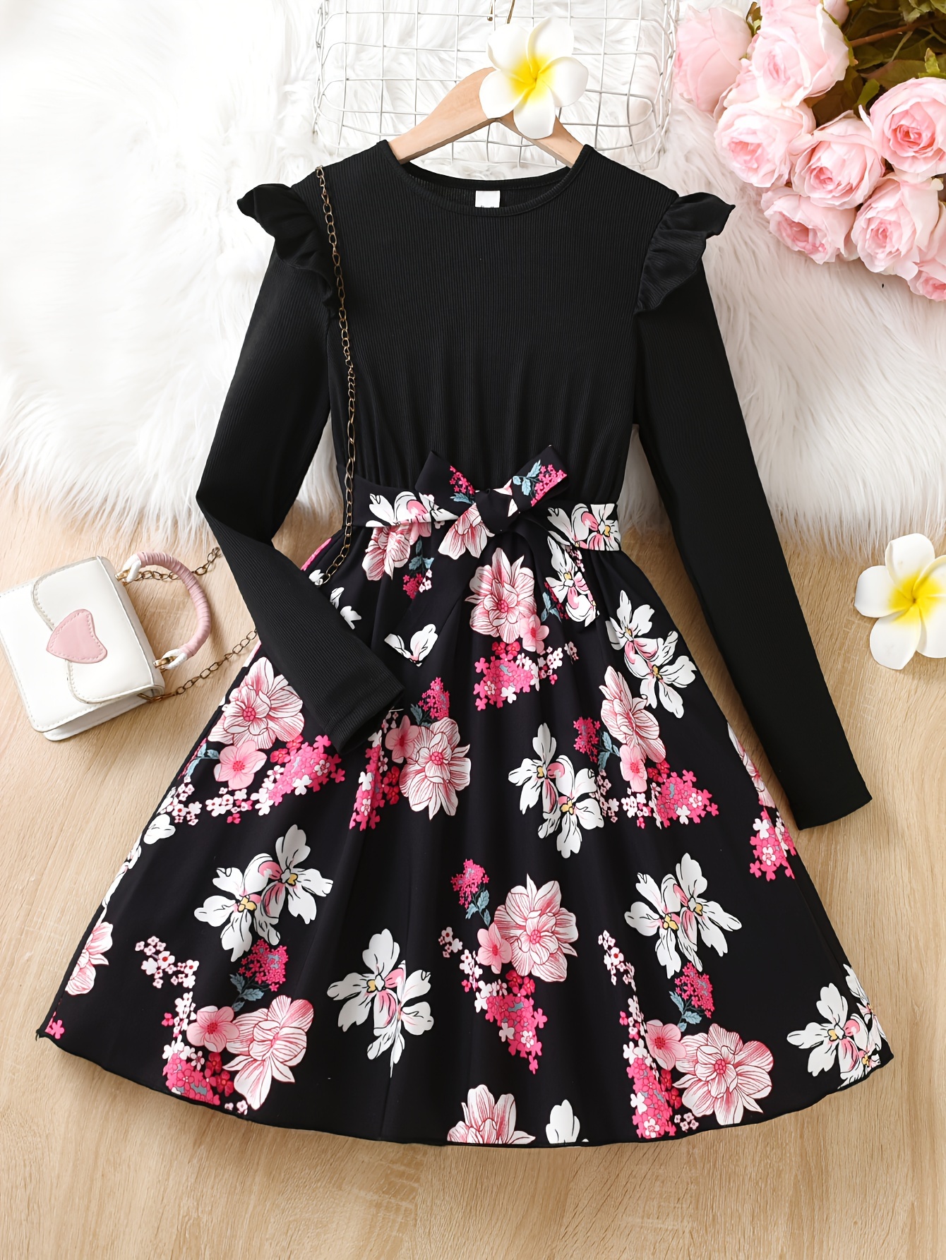 Girls Mix And Match Short Raglan Sleeve Floral Print Knit Everyday Dress