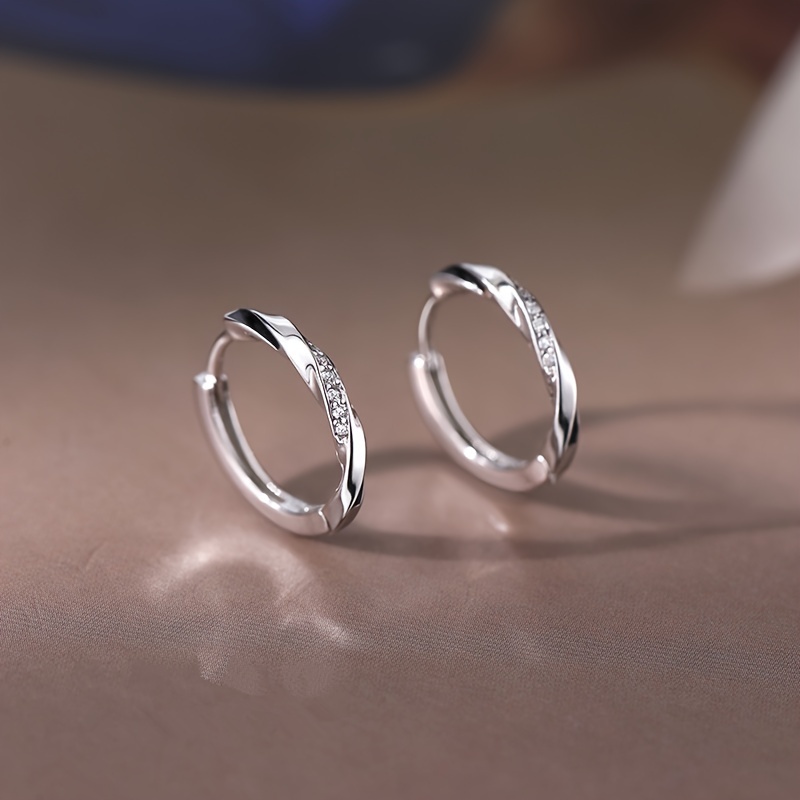 

925 Pure Silvery Hypoallergenic Round Hoop Earrings, Decorated With Micro Zirconia, Elegant And , Suitable For Women'