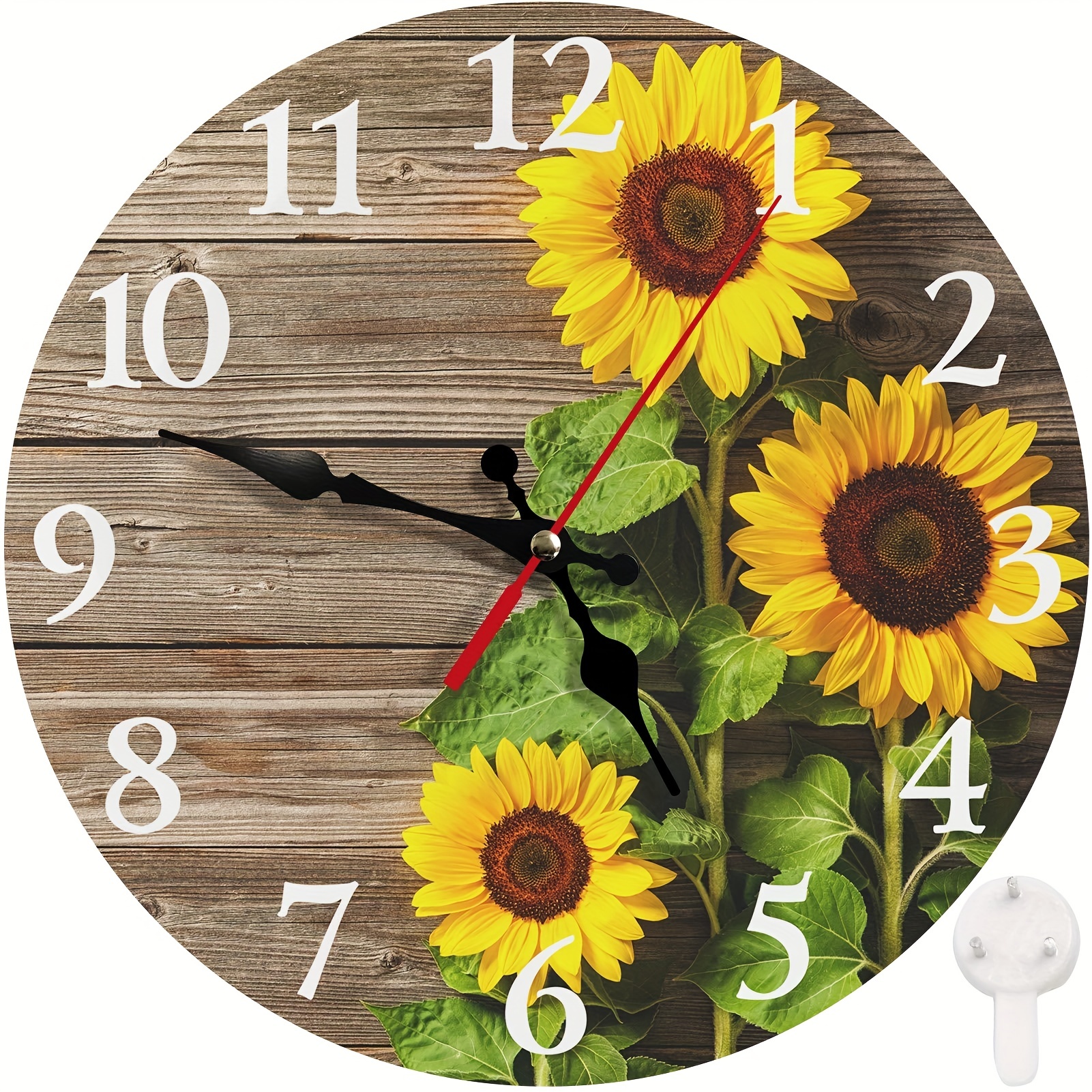 1pc 3D Beautiful Sunflowers Vintage Wood Autumn Round Wall Clock, Battery Operated Quartz Analog Quiet Desk Clock For Home Office School, Fall Home De