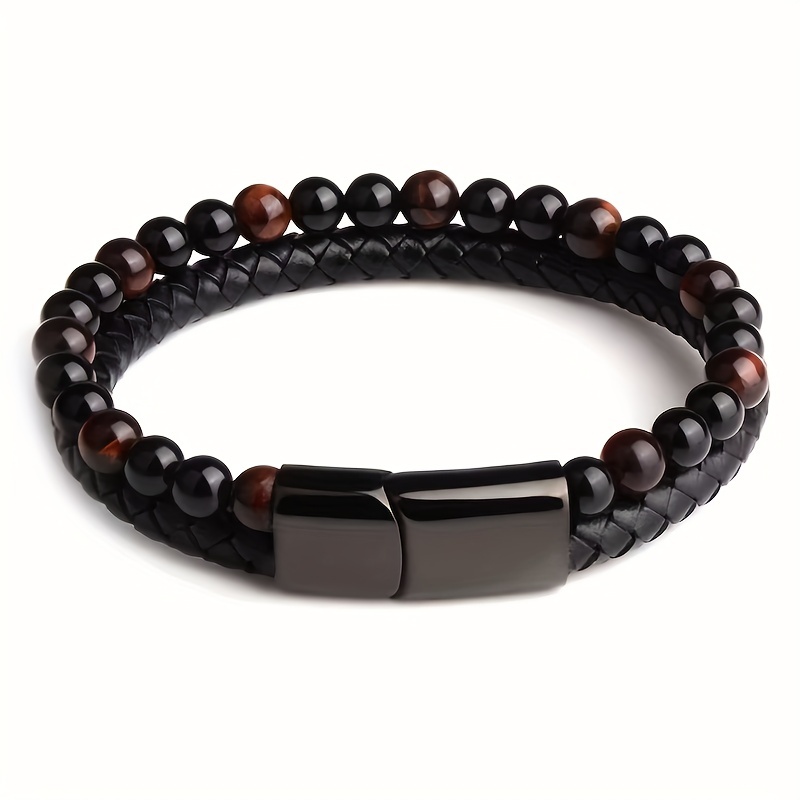 Double Layer Leather Braided Bracelet, Natural Tiger Eye Stone