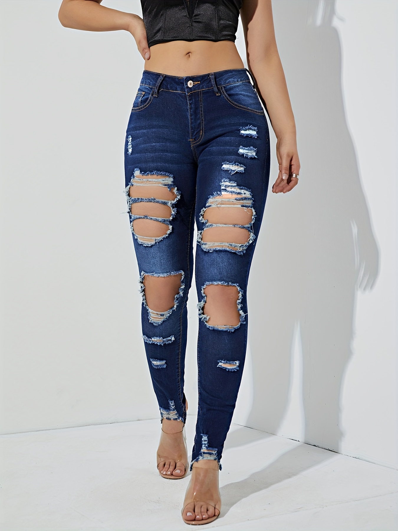 Blue Ripped Skinny Jeans Slash Pockets Distressed Tight Fit - Temu