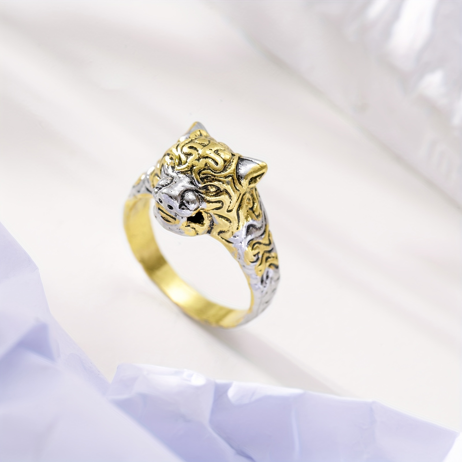Leopard Head Ring, Retro Two Tiger Head Design