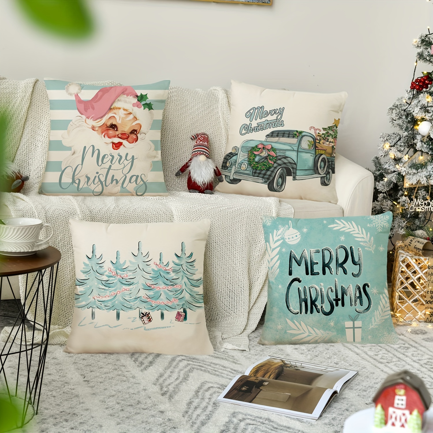 Christmas Pillow Covers 16x16 Set of 4 Snowman Merry Christmas Pillow Cases  Santa Holiday Decorations Xmas Trees Throw Pillows Farmhouse Christmas Decor  for Couch 