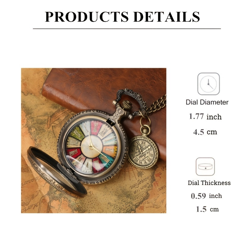 1pc antique pocket watch necklace gift men women colorful roman numeral dial with roman label pendant quartz clock details 3