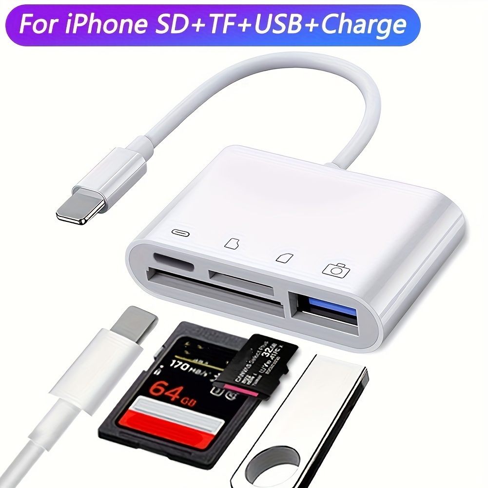 Lector de tarjetas SD para iPhone iPad, lector de tarjetas micro SD 4 en 1  con adaptador de cámara USB compatible con tarjeta SD/TF, lector de