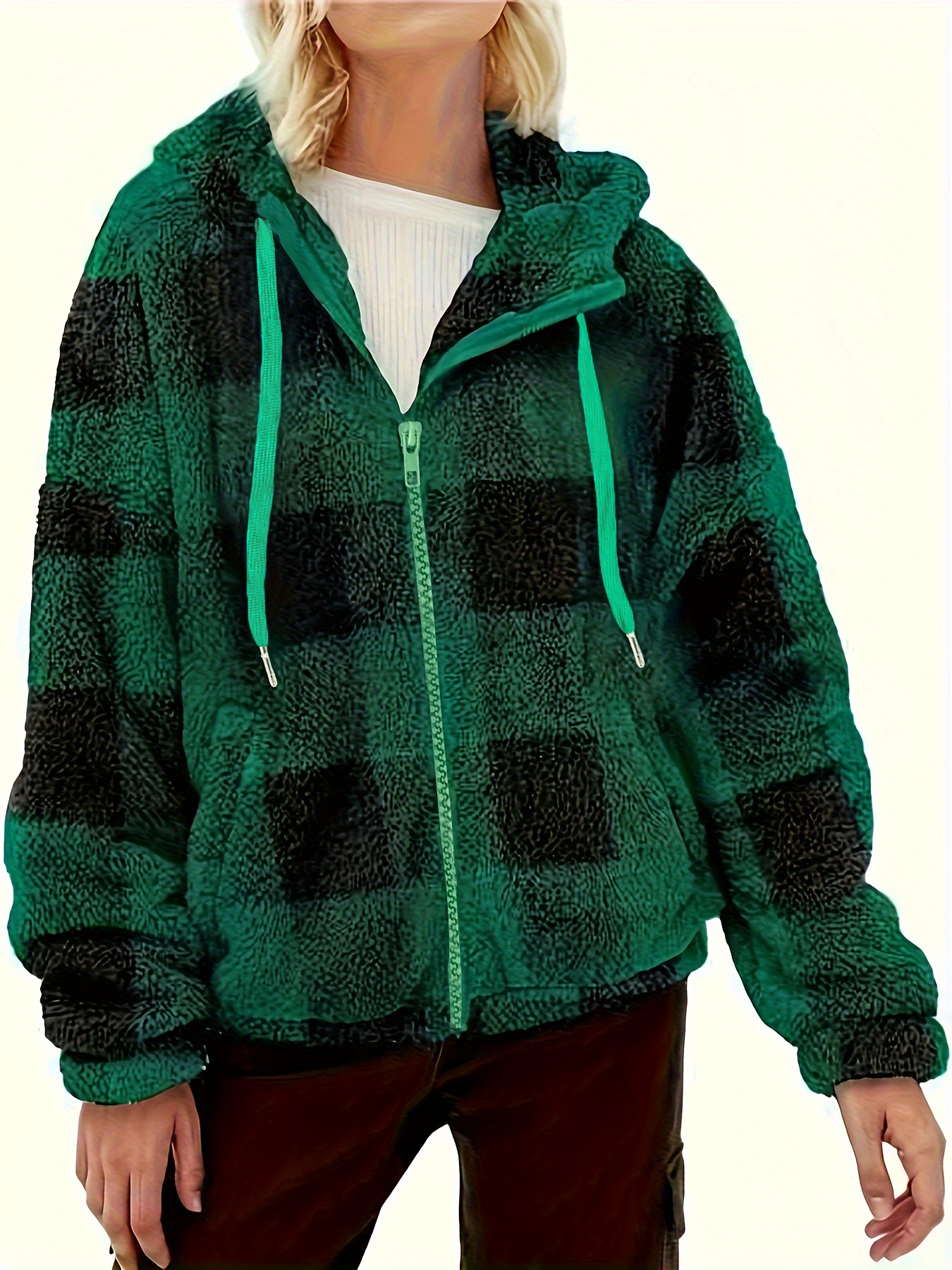 Plaid Print Open Front Teddy Hoodie Stylish Half Sleeve Dual Temu