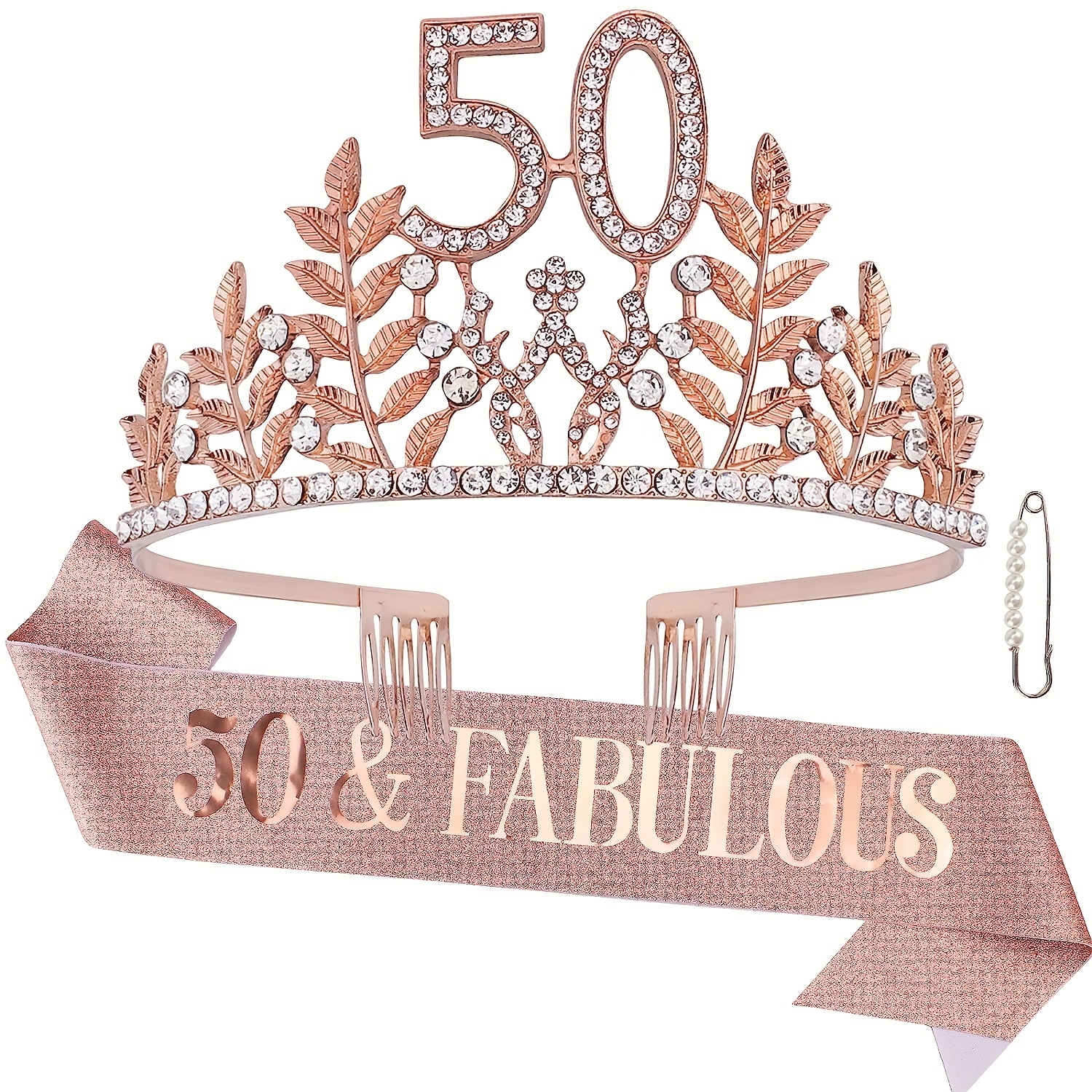 3ps 50th Birthday Set Birthday Gift Creative Gift Alloy Rhinestone Crown Women's Headwear Hair Additions Golden…: retailer-supplied image