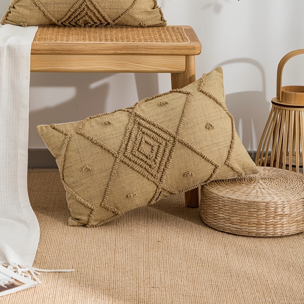 1 Brown Plaid Pillow Case Simple Canvas Loop Pile Technology Is Suitable For Living Room Sofa Bedroom Cushion Cover.