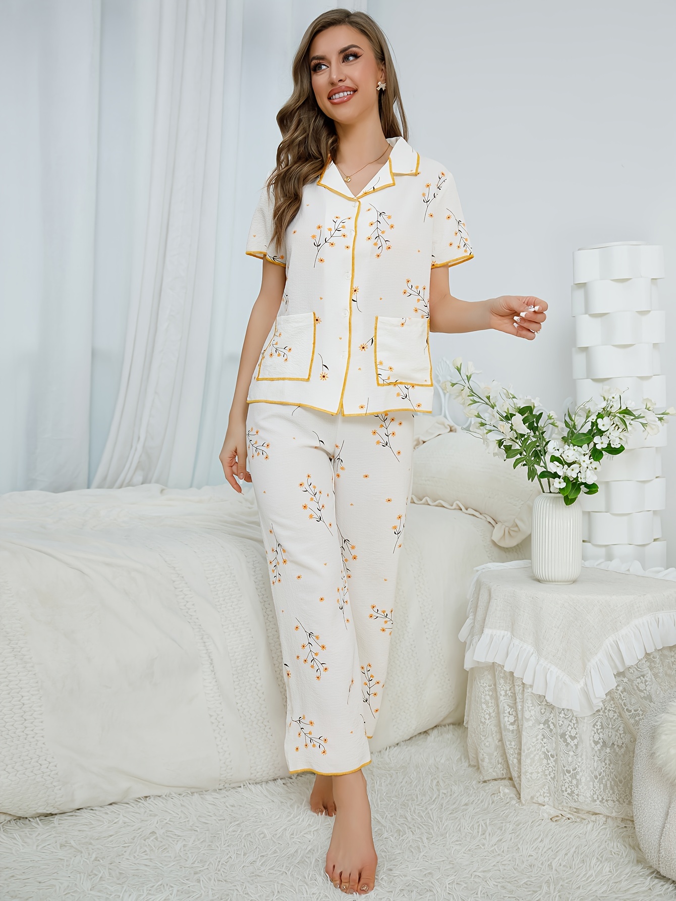 White Floral Pajama Set