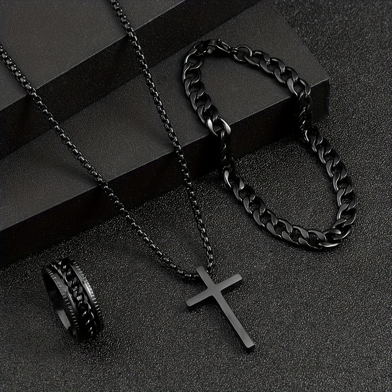 3pcs Men's Fashion Versatile Stainless Steel Jewelry Set, Black Cross  Necklace, Bracelet And Ring