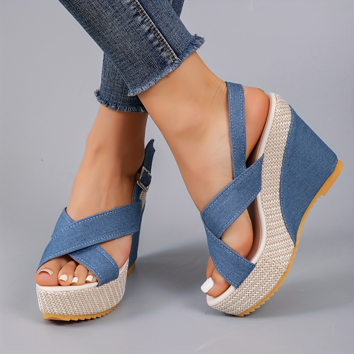 women s denim wedge sandals crisscross peep toe buckle strap details 1