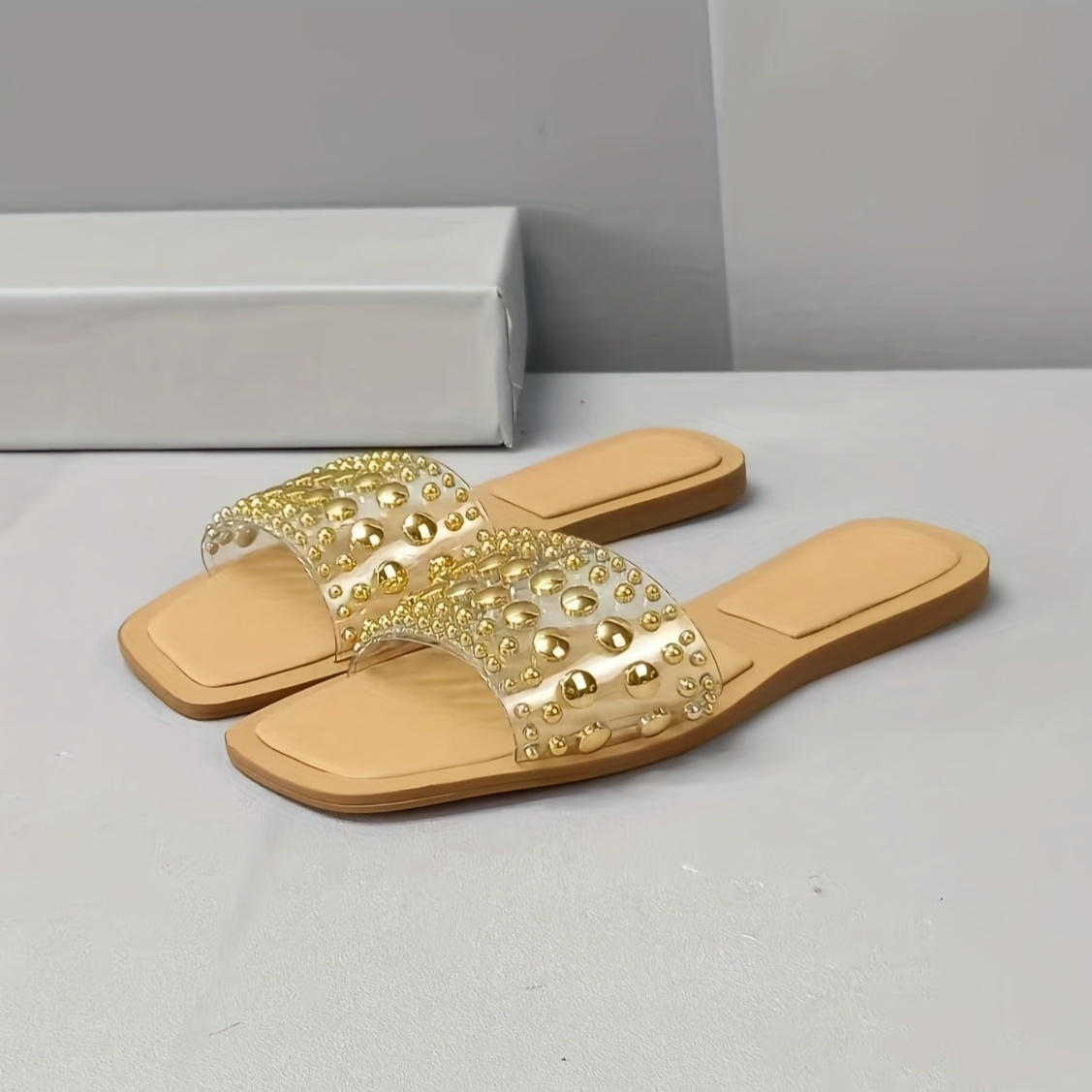 Women s Golden Beads Decor Slide Sandals Trendy Square Toe Temu