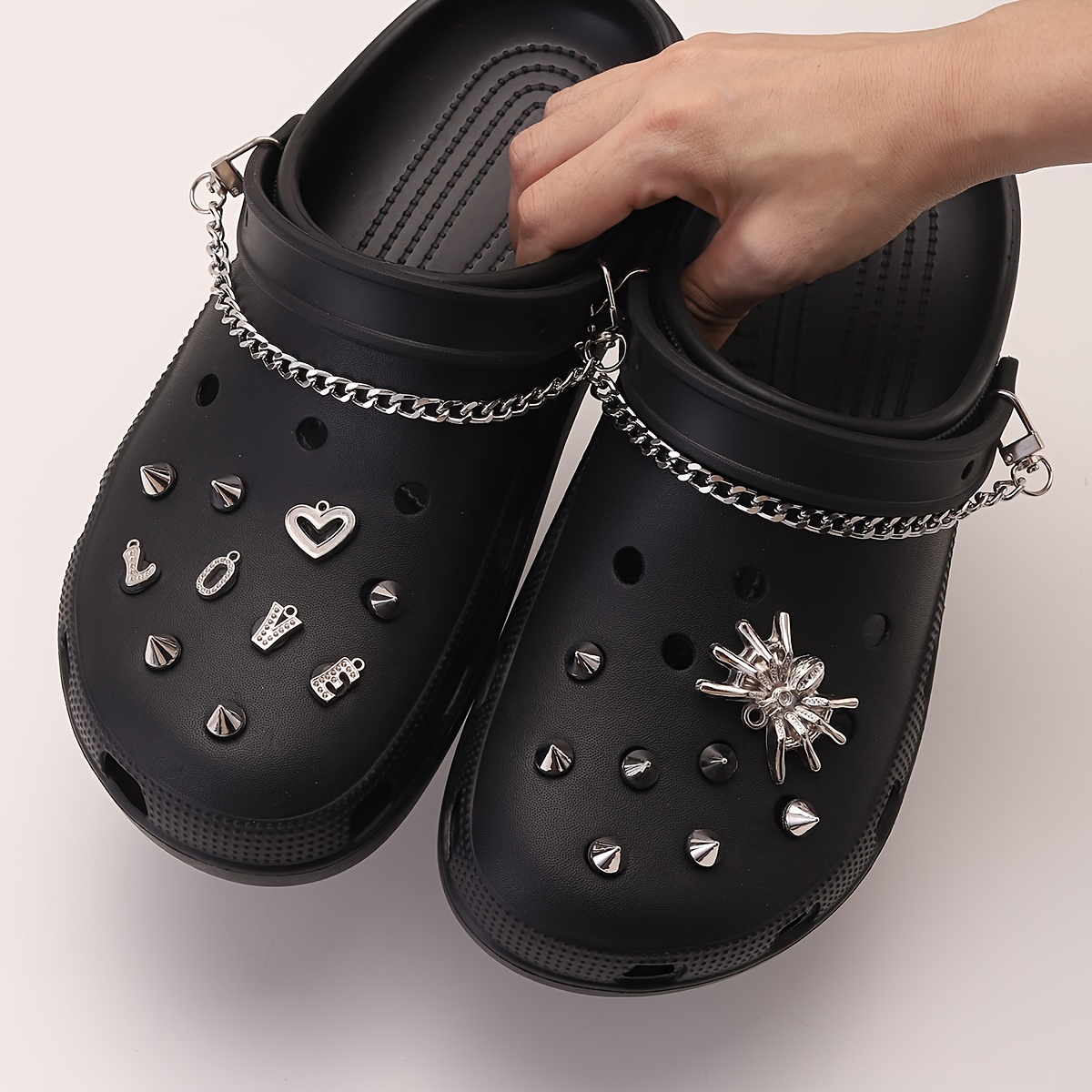 Punk Style Black Spikes with Chains for Decoration, Metal Rivets Charms for Clogs DIY Shoe Charms,Temu