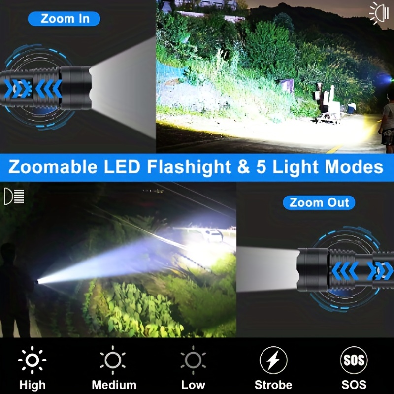 1pc Lanterna LED Recarregável por USB de Alta Lumens, 200000 Lumens  Brilhante Zoomável à Prova d'Água, Com 5 Modos e à Prova d'Água, Lanterna  Portátil