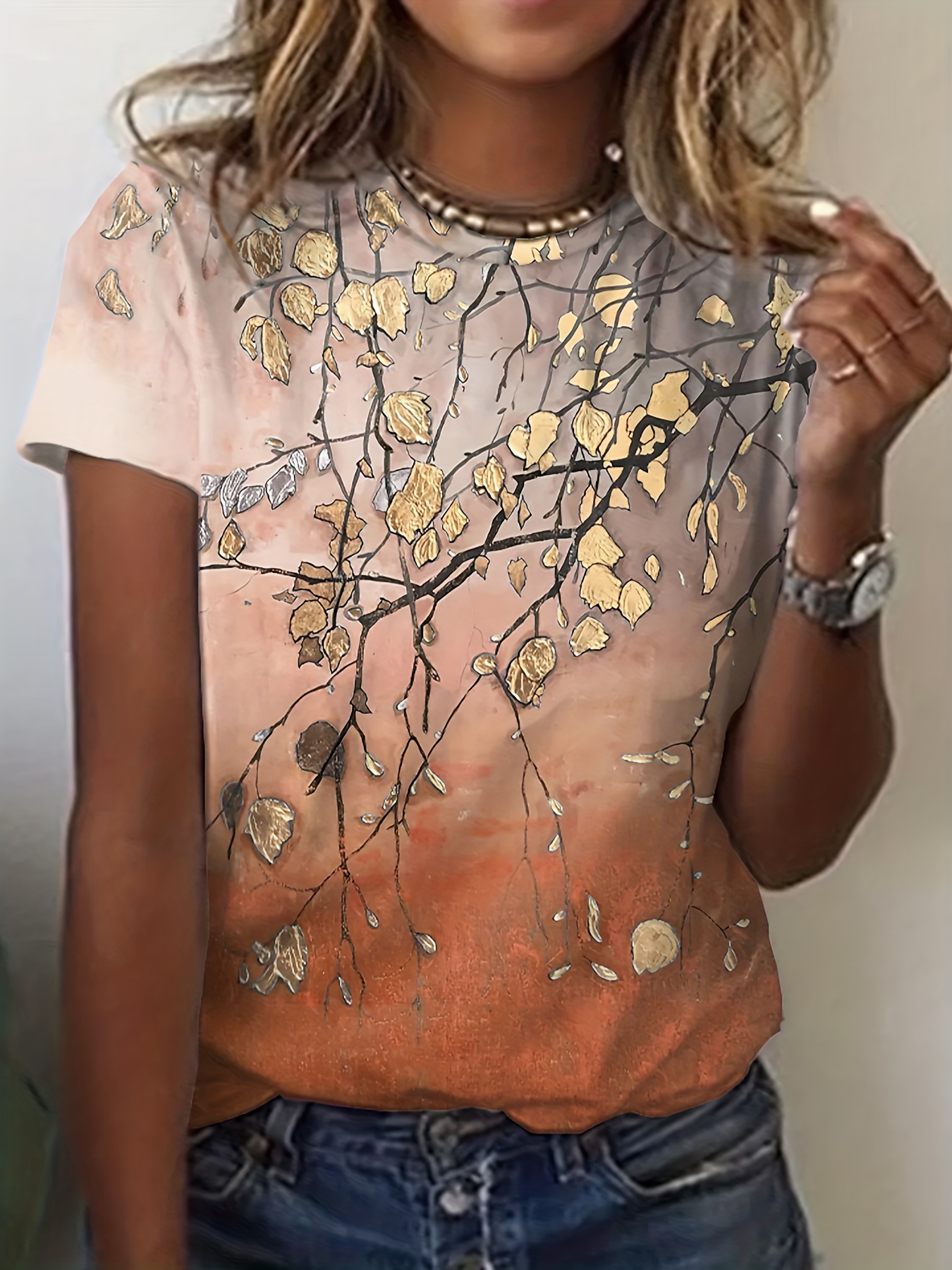 Leaf Print Crew Neck T shirt Casual Short Sleeve Top Spring - Temu Canada