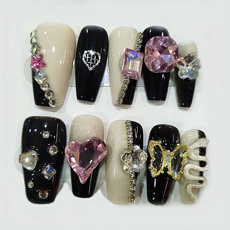 Black Gothic False Nails With Designs Butterfly Gold Glitter Charms Press  On Nails With Rhinestones Matte Fake Nails Coffin For Women Girls 24Pcs