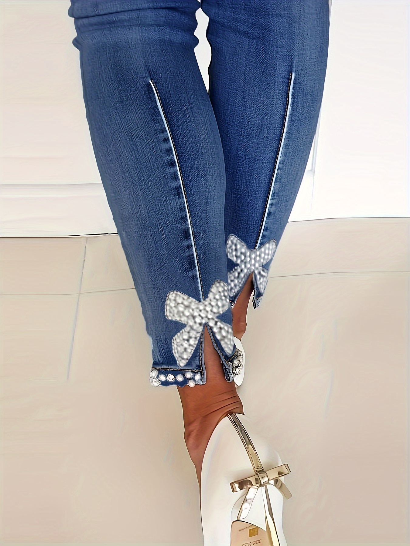 Blue High stretch Skinny Jeans Faux Pearl Decor Slim Fit - Temu Canada