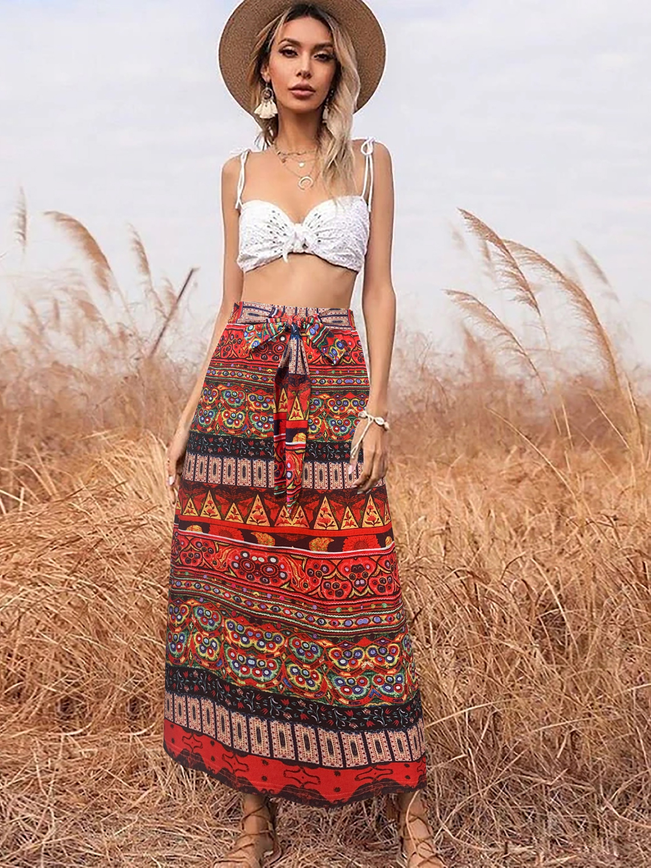 Print Lace High Waist Skirt Boho Maxi Skirt Spring Temu Australia