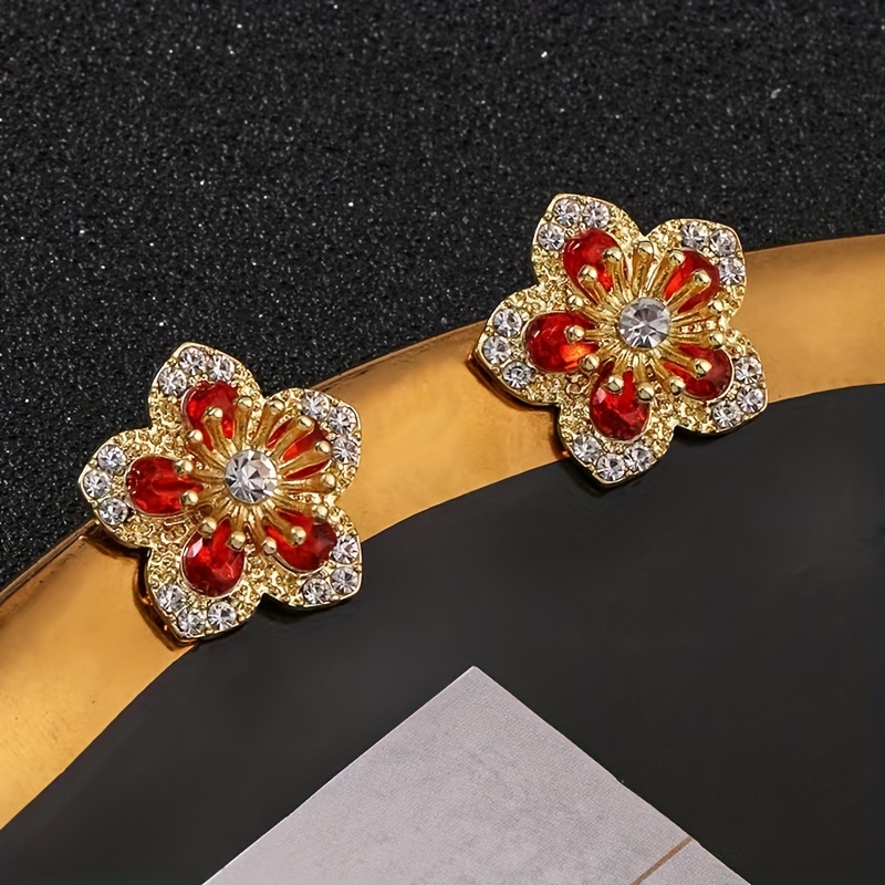 Romantic Sweet Metal Flower Floral Full Rhinestone Big Stud Earrings For  Women Trend Luxury Design Fairy Wedding Party Jewelry