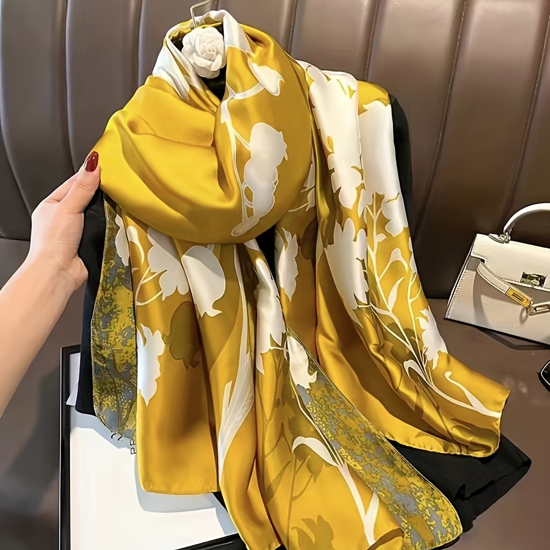 

Yellow Oil Painting Flower Printed Scarf, Simulated Smooth Shawl, Mature Style Sunscreen Scarf For Women