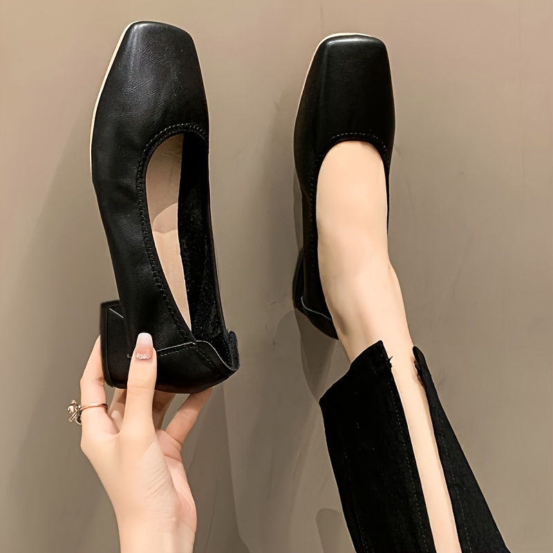 Women's Square Toe Chunky Low Heels Slip On Comfortable Walking Shoes