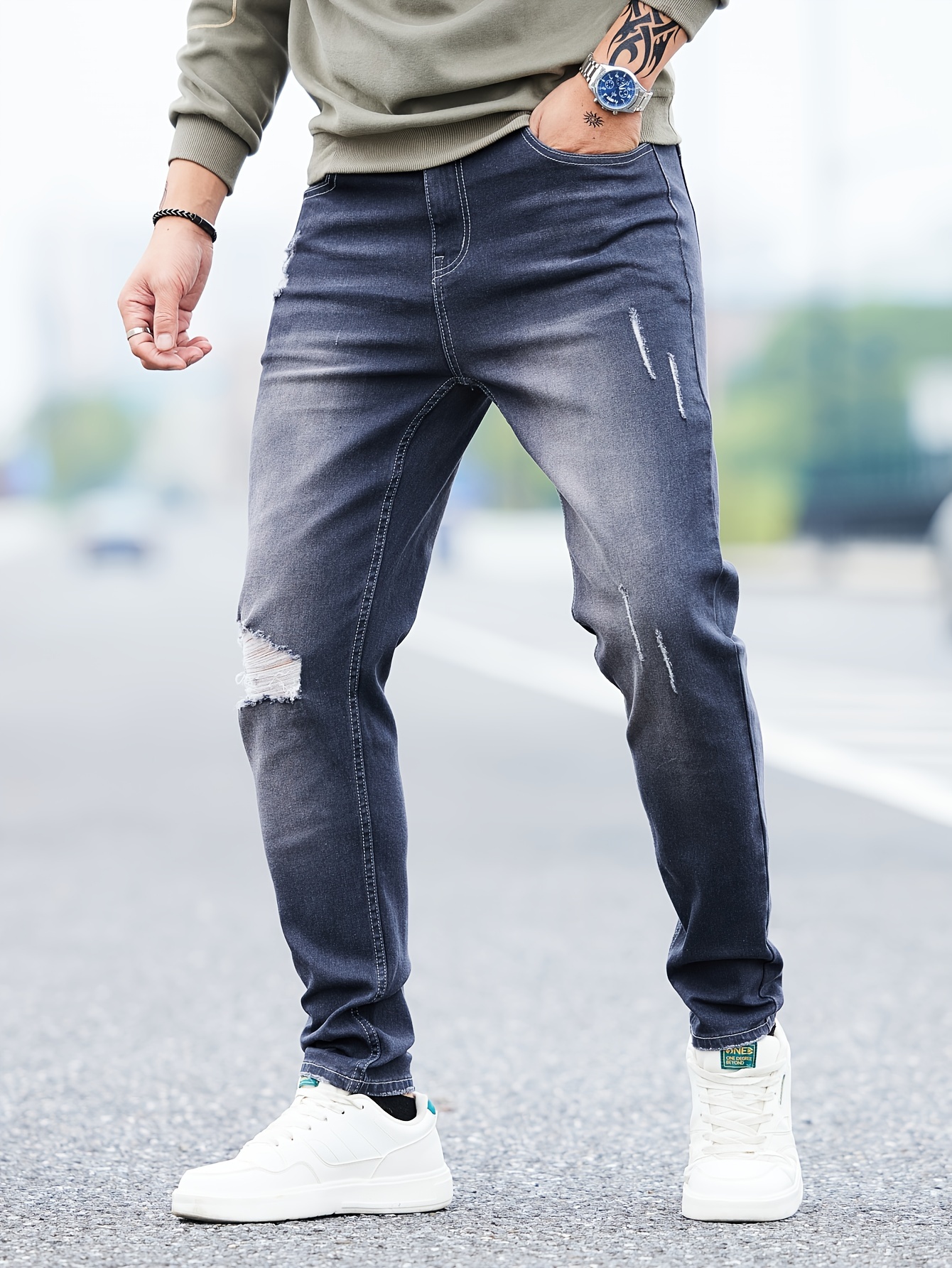 Pantalones Vaqueros Ajustados Rasgados Para Hombre Jeans De