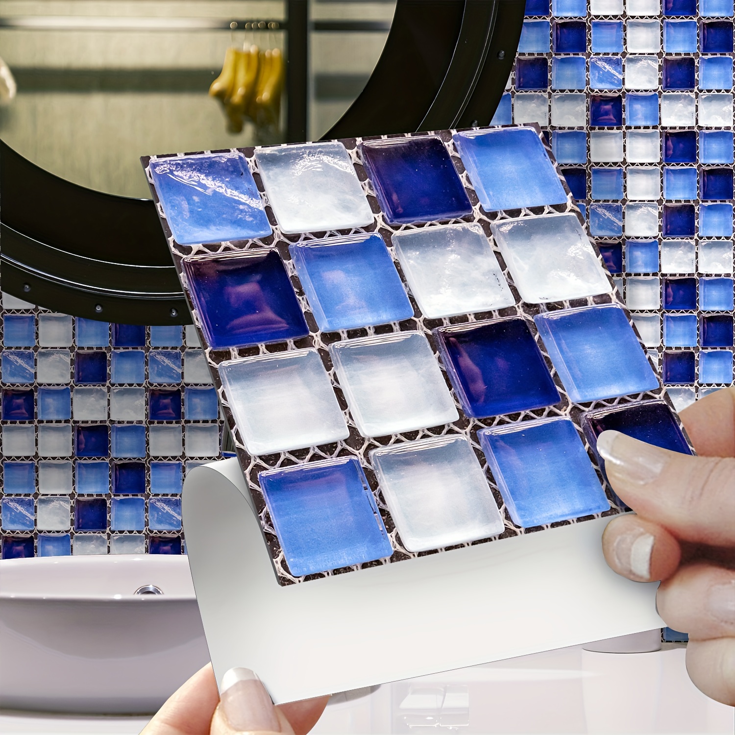 Image of 10pcs Vintage-inspired Kitchen Tile Stickers, 4"x4" Vinyl Backsplash With Iridescent Crystal Finish, Reusable Square Wall Decals For