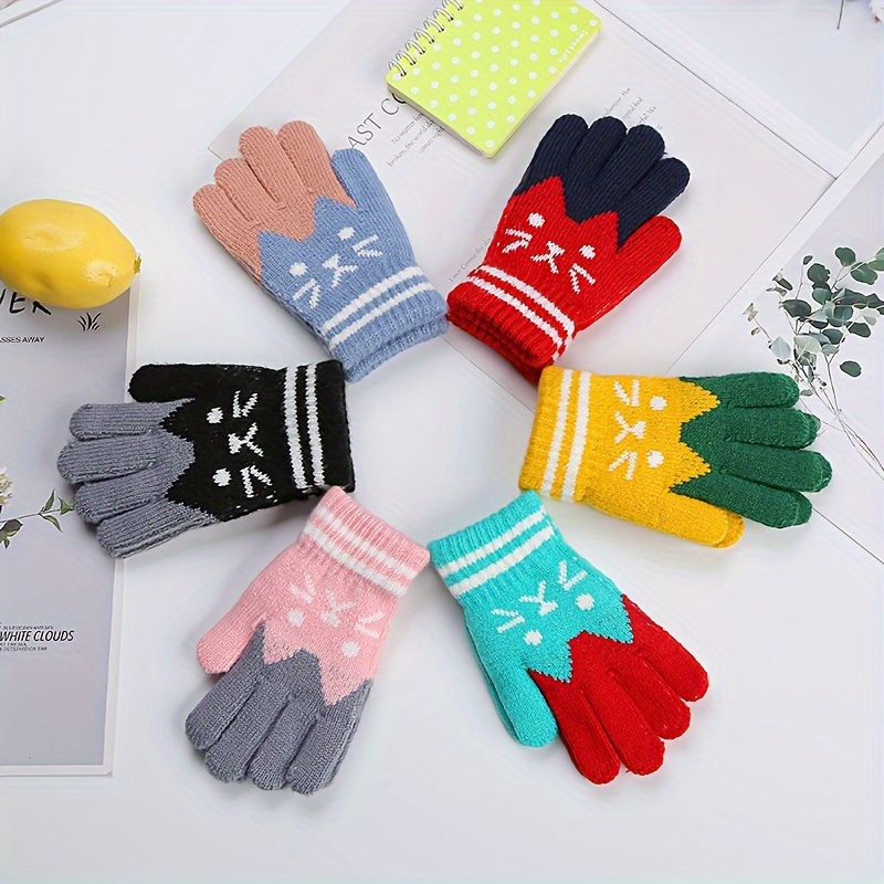 Temu Knit For Children\'s - Colorblock Gloves Kitty