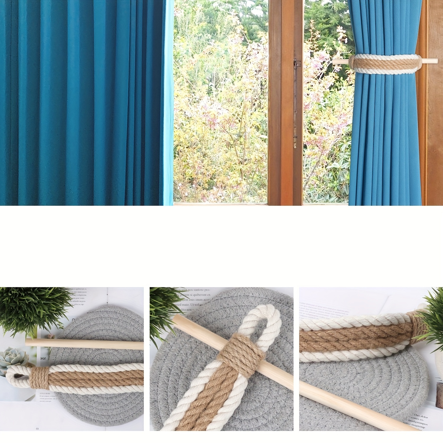 2 alzapaños de cortina de cuerda de algodón con palo de madera